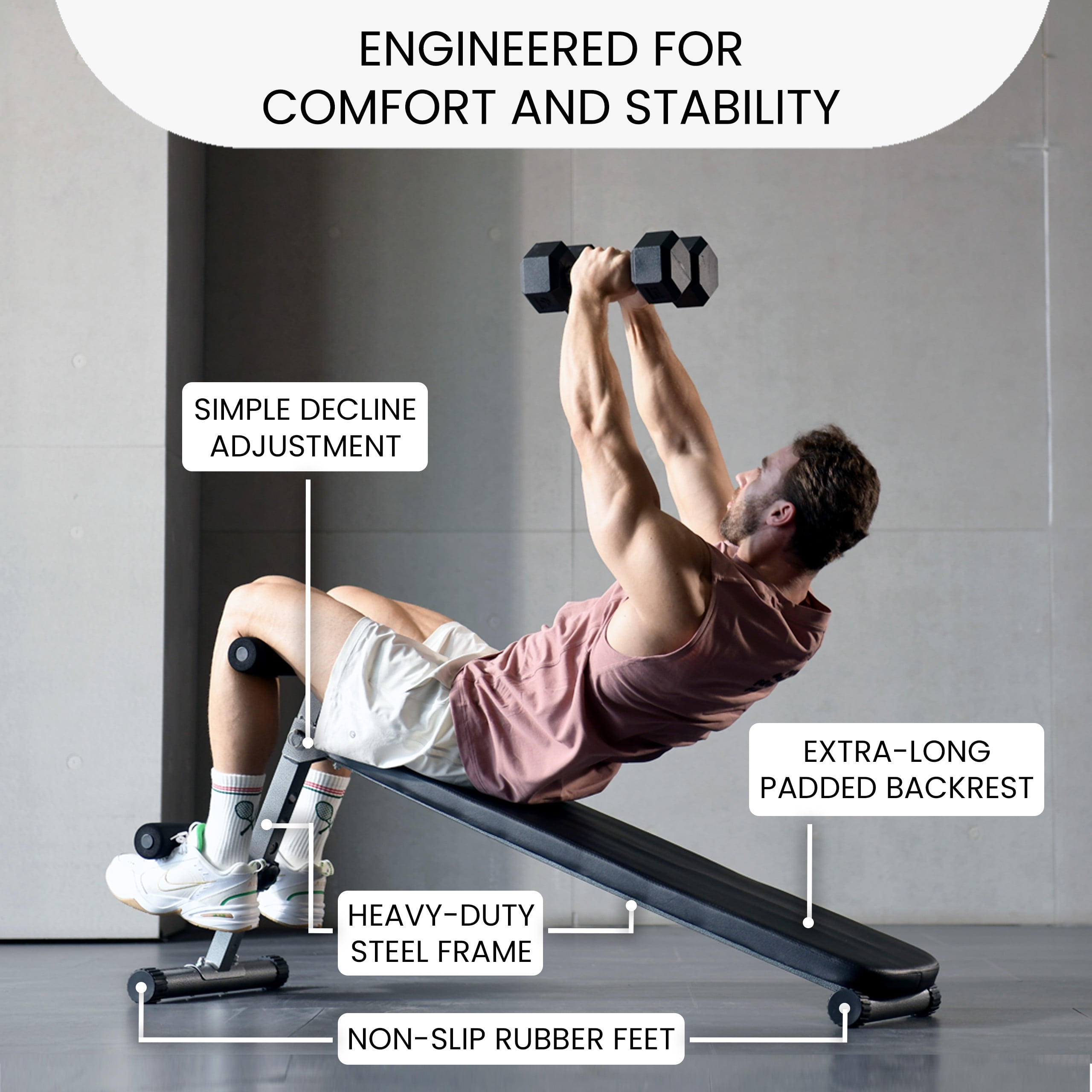 Finer Form Gym-Quality Adjustable Sit Up Ab Bench & Decline Weight Bench for Home Gym Strength Training. Supports 660lbs.