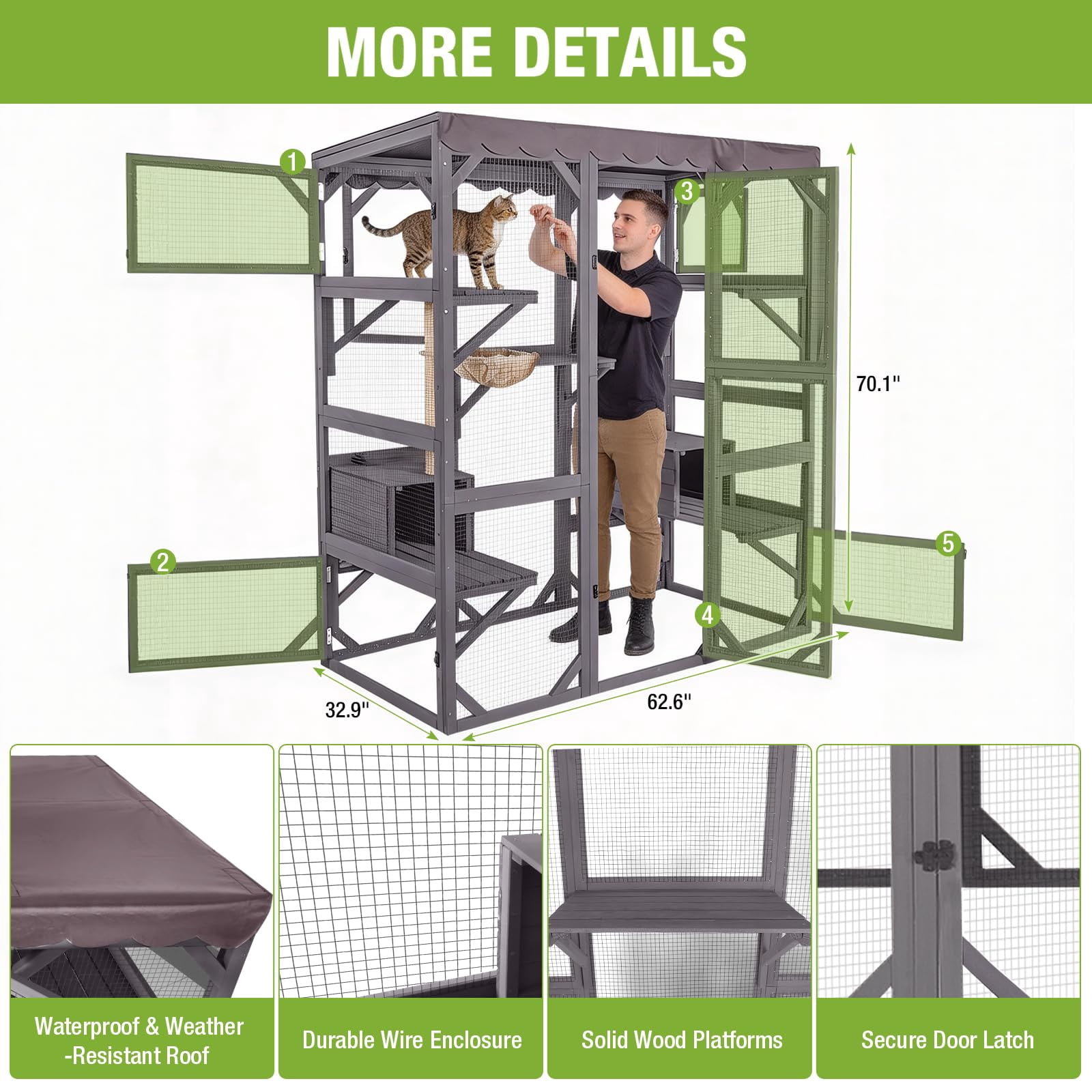 MEDEHOO Catio Outdoor Cat Enclosure - 70" Large Wooden Cat House with 5 Platforms, 2 Napping Boxes & Weatherproof Asphalt Roof, Walk-in Kitty Condo for Multiple Cats