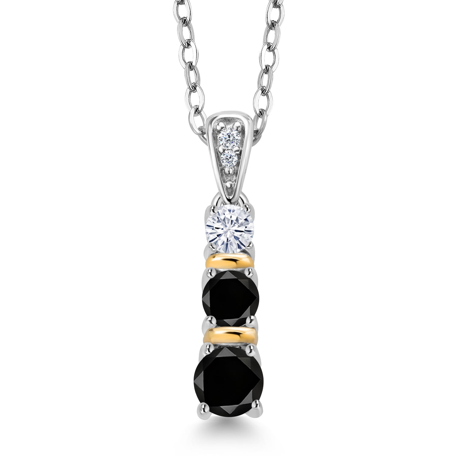 Gem Stone King 925 Silver and 10K Yellow Gold Round Black Diamond and White Moissanite Pendant Necklace for Women (0.54 Cttw, Gemstone April Birthstone, with 18 inch Chain)