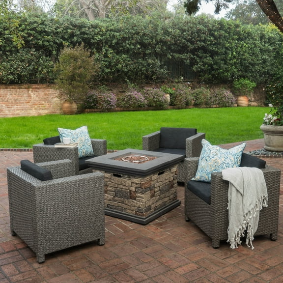 Cascada Outdoor 5 Piece Wicker Club Chair Set with Cushions and Stone Square Firepit, Mixed Black, Dark Grey