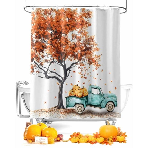 Fall Shower Curtain Pumpkin Truck Bathroom Curtains with Hooks, Waterproof Fabric Fallen Fallen Leaves Tree Thanksgiving Bath Shower Curtains Set for Bathroom Bathtubs Decor 72x72 Inch