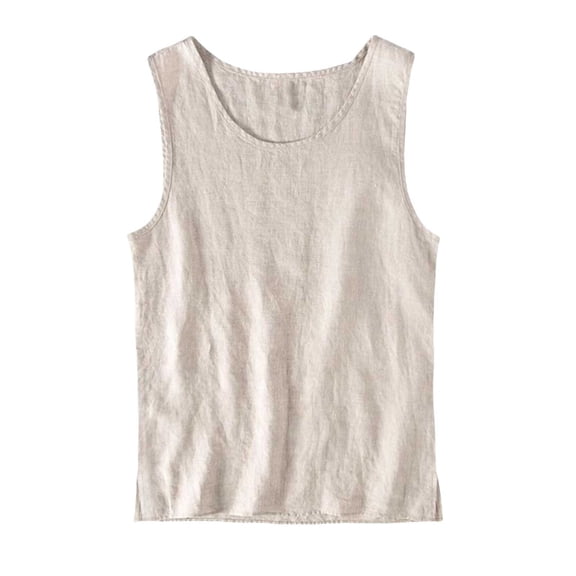 Linen Tank Tops for Men Summer, Solid Color Casual Sleeveless T Shirts, Khaki 4XL