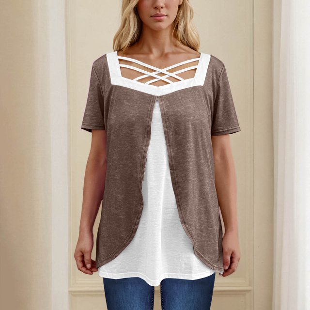 Lydiaunistar Hauts d'Été Grande Taille pour Femmes Blouse à Manches Courtes Col en V à Blocs de Couleur, Tunique Imprimée Décontractée Tailles S-5TG