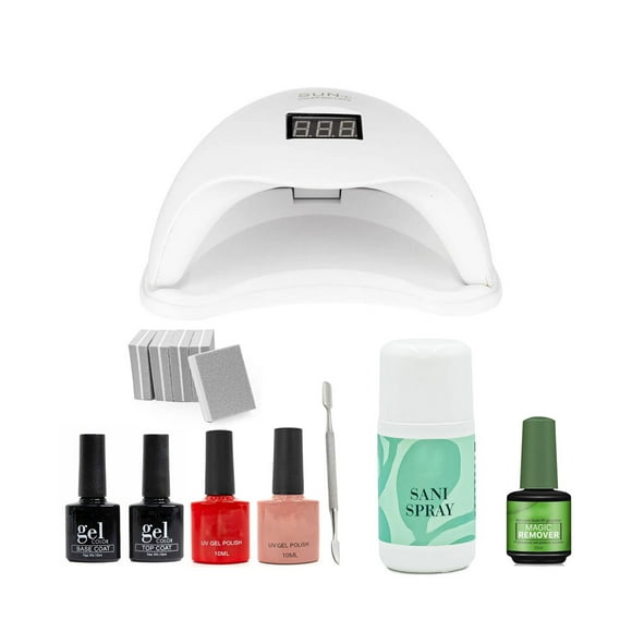 Kit de uñas gel MYRVA en casa con Mini lámpara led UV y 2 colores de gel semipermanente