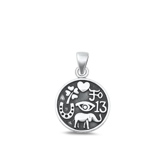 Sterling Silver Oxidized Round Medallion Lucky Symbols Pendant .925 Charm Jewelry Female Unisex