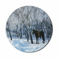 thumbnail image 1 of Animal Mouse Pad for Computers, Horse between Trees in the Winter Forest Frozen Woods Icy Land Nature Picture, Round Non-Slip Thick Rubber Modern Gaming Mousepad, 8" Round, Brown White, by Ambesonne, 1 of 2