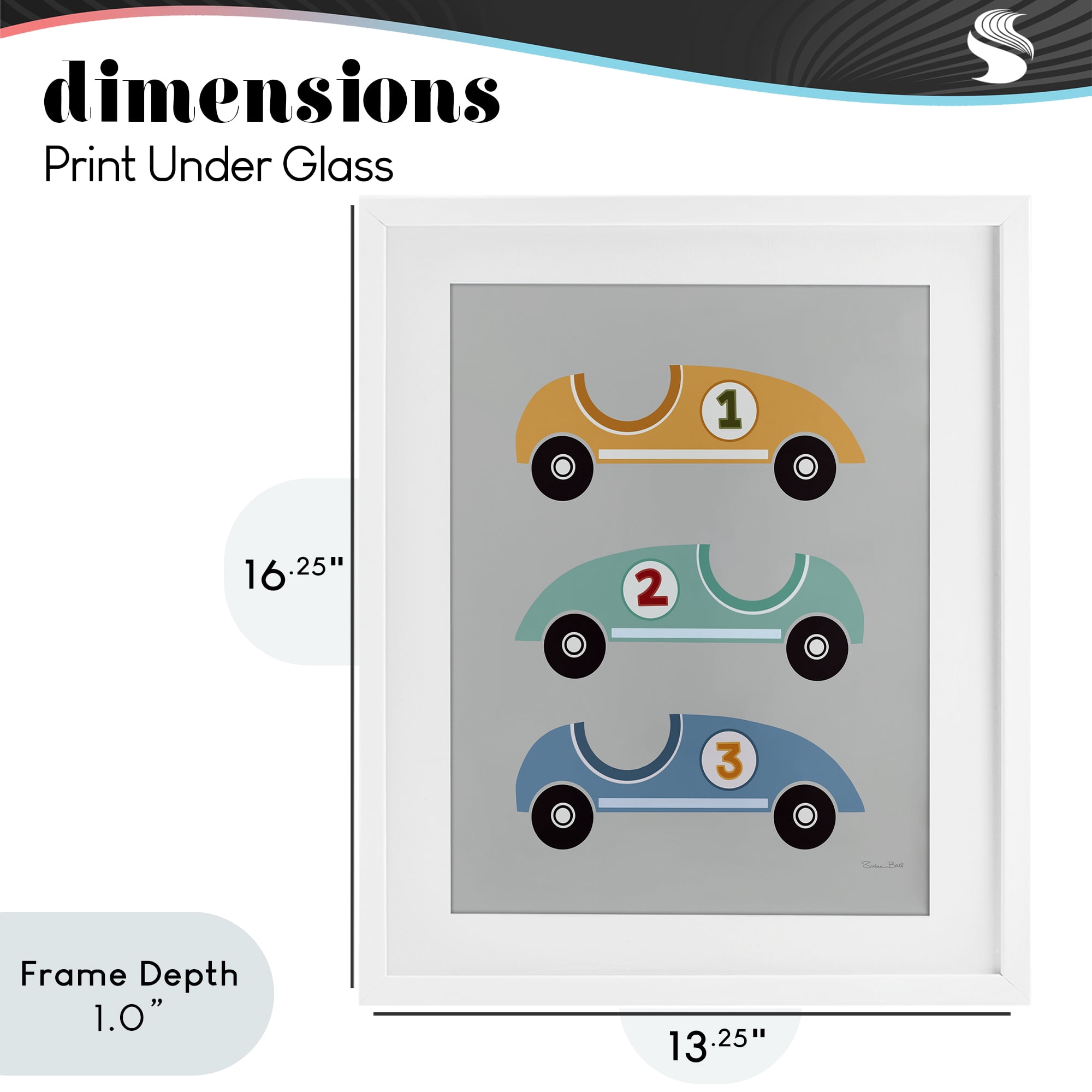 Stupell Industries Vroom Race Cars White Framed Print Under Glass, design by Susan Ball