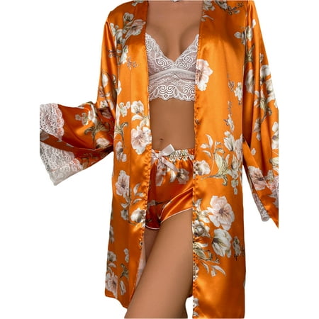 

Sunisery Women s 3pcs Satin Pajama Set Floral Lace Trim Cami Bra Lingerie Sleepwear with Kimono Bathrobe Nightdress Lounge Set