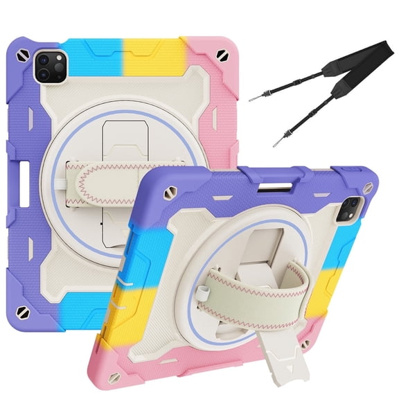 3in1 Rotating Stand Case for iPad Pro 11 inch 4th/3rd/2nd Gen (2022/2021/2020) with Hand/Shoulder Strap, Shockproof Rugged, Pink