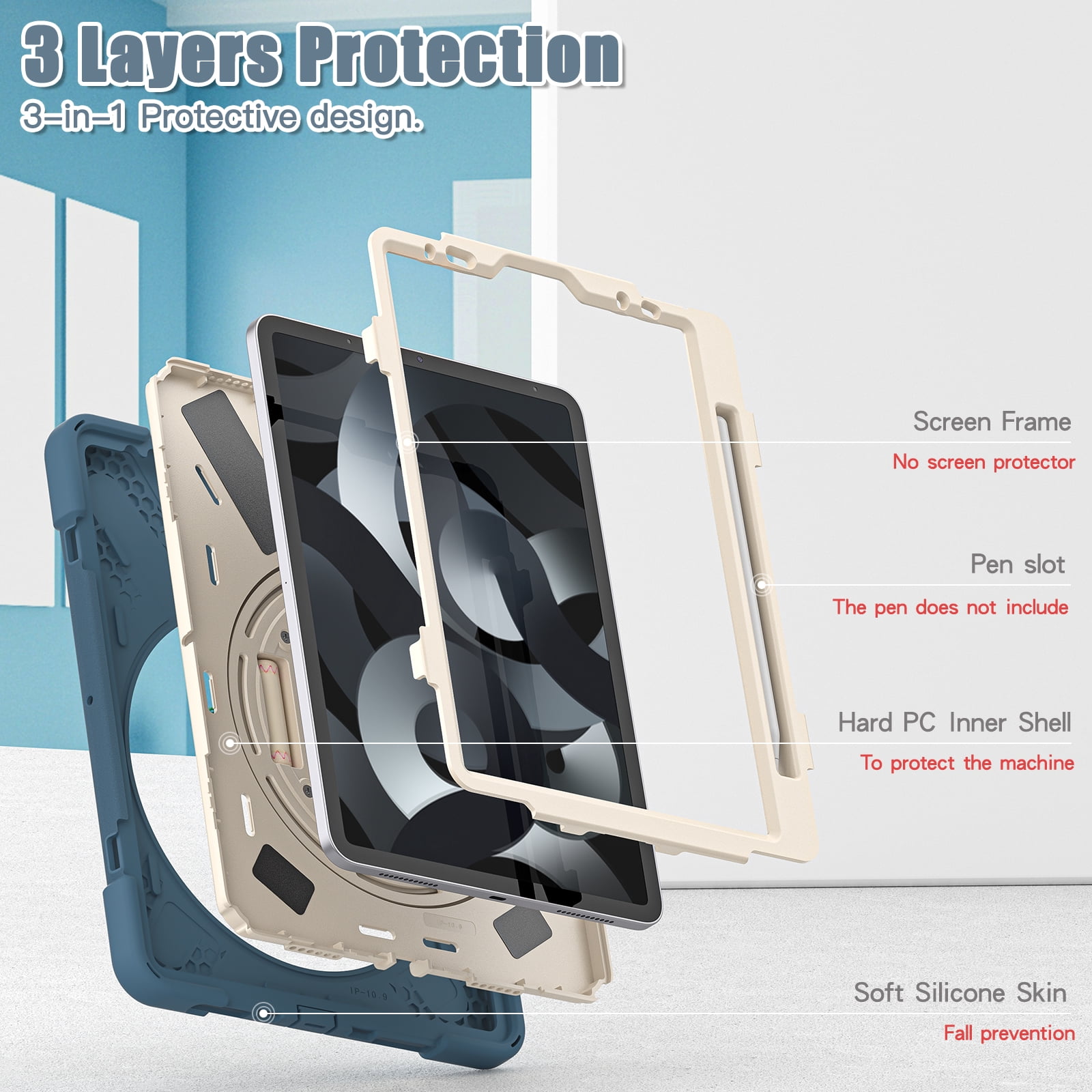 ELEHOLD Case For Apple iPad 11th(A16) 2025/10th Gen 2022, Military Grade Silicone Hybrid Rugged Case with Pencil Holder Rotating Stand Hand/Shoulder Strap,Cornflower Blue