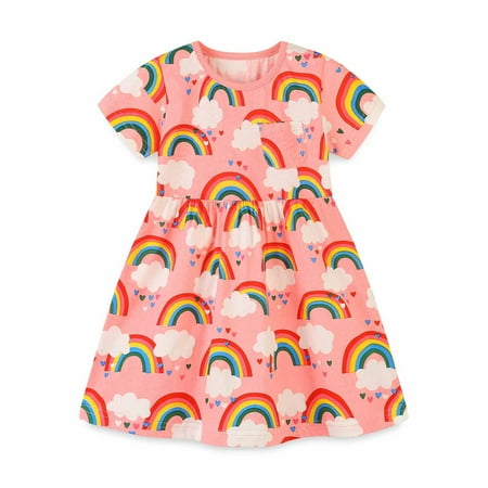 

Penkiiy Toddler Baby Girls Summer Rainbows Printsing Short Sleeve Cotton Round Neck Dress 2-3 Years Pink 2023 Summer Deal