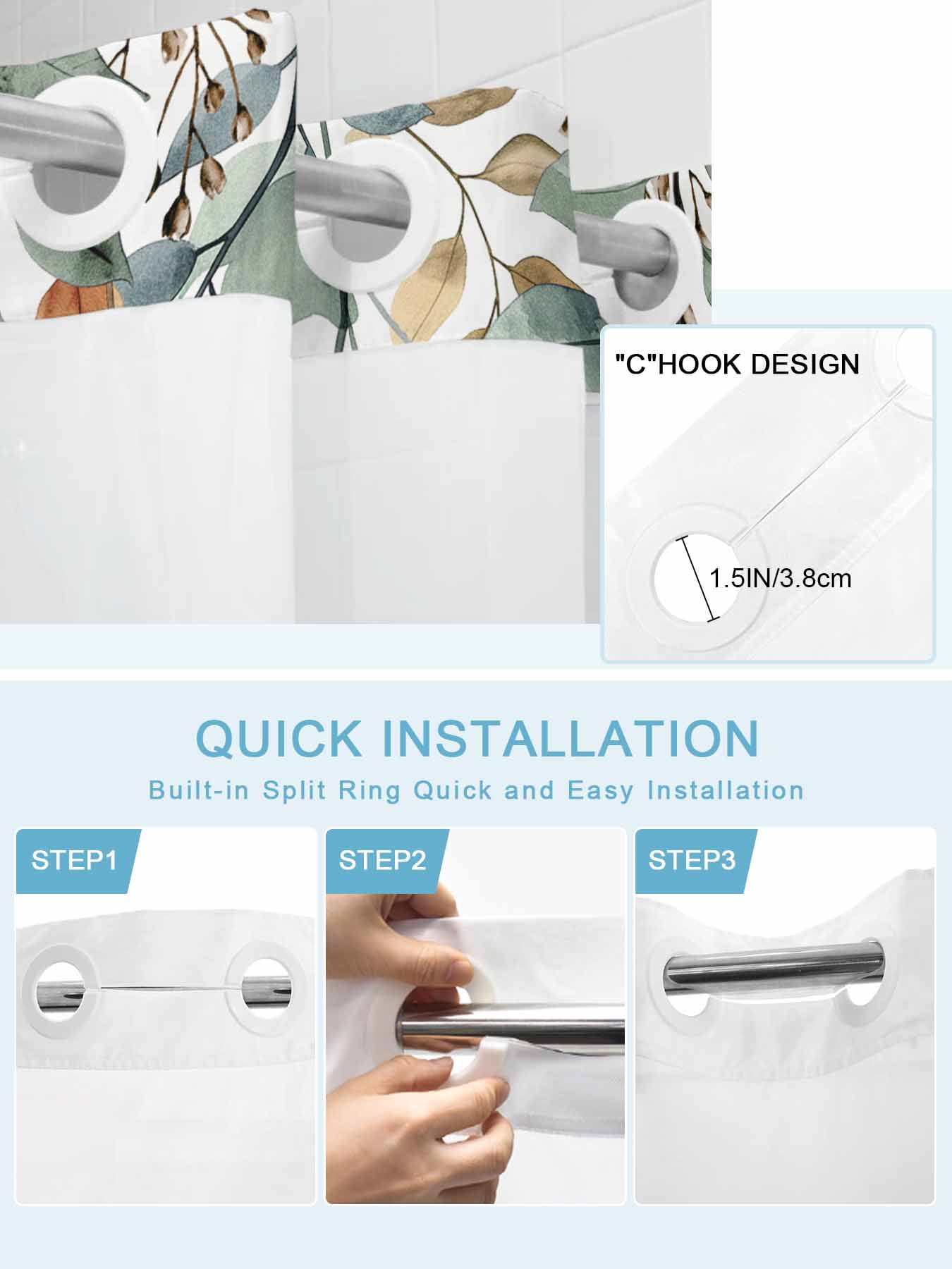 No Hook Shower Curtains with Snap-in Liner Set, Green Brown Botanical Waterproof Hotel Style Bathroom Shower Curtain, Farmhouse Eucalyptus Leaves Breathable Mesh Top Window Bath Curtains 72''x72''