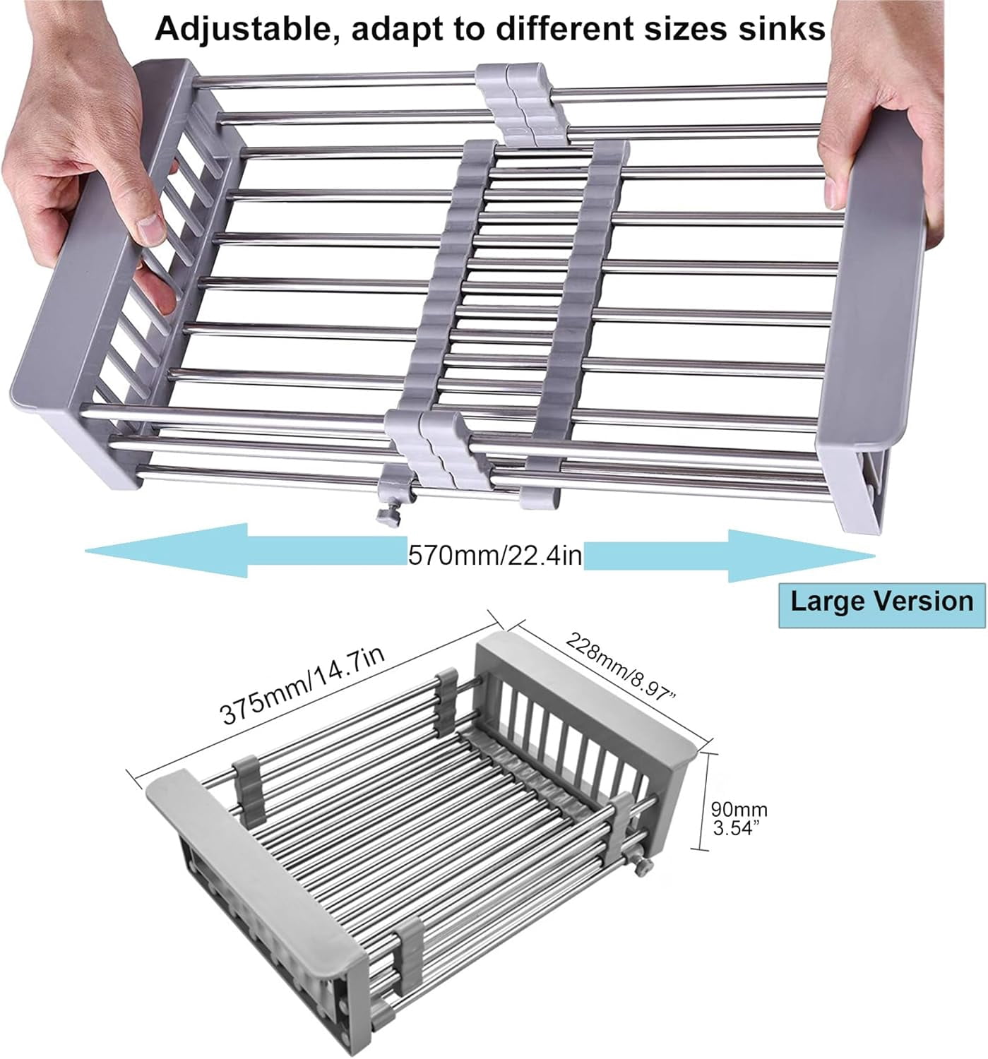 GULICA Dish Drying Rack Grey, Adjustable Stainless Steel Drainer Basket Drain Tray for Dish Vegetable Fruit, On Counter Dish Rack or in Sink Over Sink Kitchen Basket Dish Drying Rack, Large