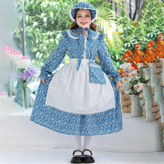 EnJoCho Prairie Dress Set for Girls 3 Piece Vintage Long Sleeve Dress with Apron Bonnet Countryside Outfit 1800s Pion𝖾er Dress 𝖥loral Ruffle Toddler Dresses