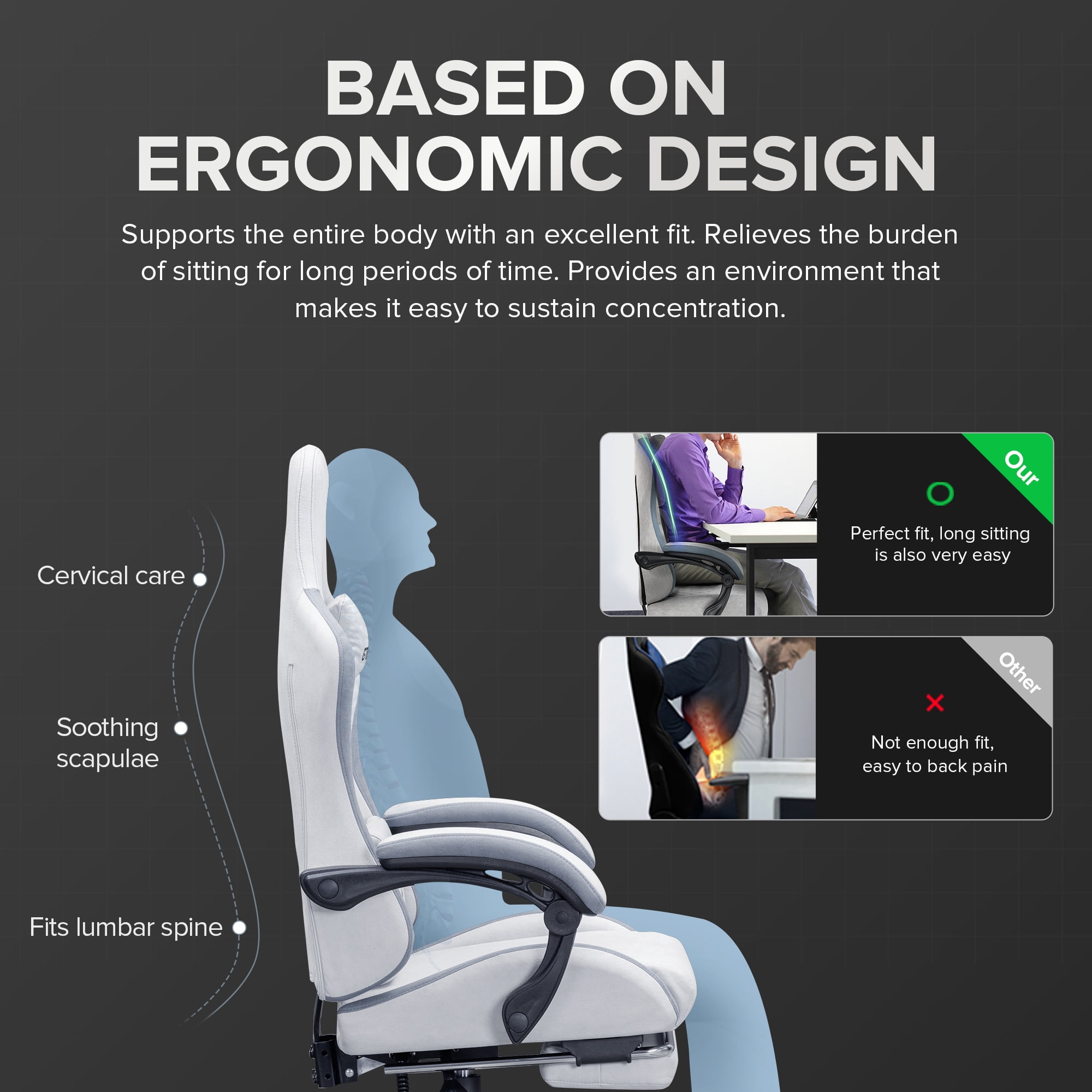 GTRACING GTW-300 Ergonomic Adjustable Height Reclining Fabric Gaming Chair , White/Gray