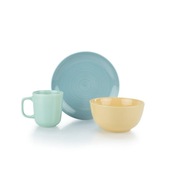 Everything Kitchens Modern Colorful Neutrals - Rippled 12-Piece Breakfast Set - Glazed | Blue, Butter Yellow, Light Green