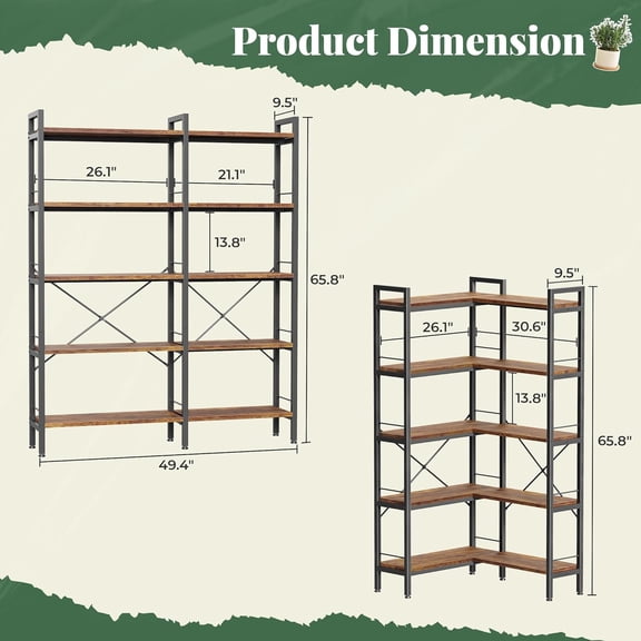5 Tier L Shaped Corner Bookshelf with 10 Open Shelves, Rustic Brown Metal Frame Wooden Board Storage Unit for Home Office Bedroom