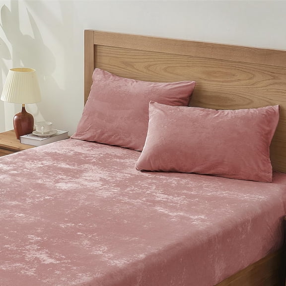 Velvet Fitted Sheet and Pillowcases Set, Luxury Soft Fuzzy Bottom Sheet with Reinforced Elastic Corner Straps, Deep Pocket up to 15 Inch, 1 Fitted Sheet and 2 Pillowcases (Queen, Dusty Pink)