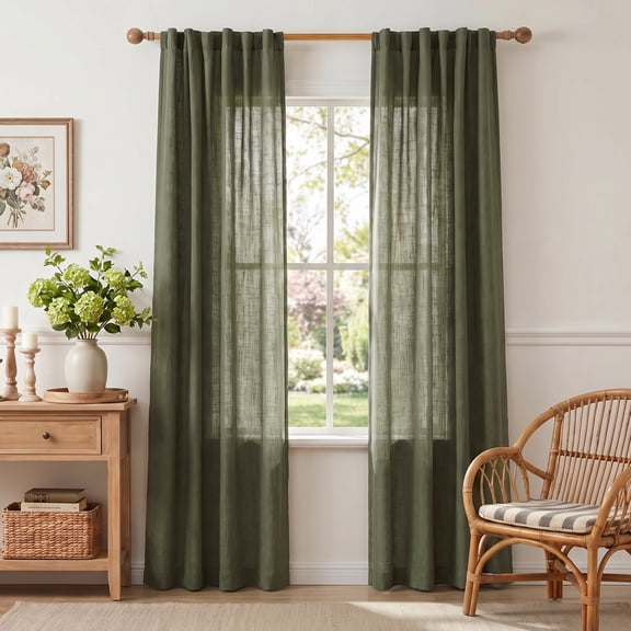 Uledge Linen Curtain Olive Green Semi Sheer Curtains, 84" for Living Room Party Backdrop, Natural Diffused Light, 2 Panels
