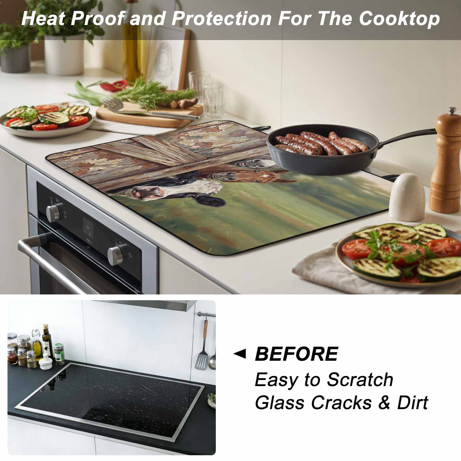 Farmhouse Animals Stove Top Cover for Electric Stove, Heat-proof & Non Slip Glass Top Stove Cover Protector, Country Cows Horses Donkeys Farm Kitchen Flat Cooktop Rubber Mat 24x21 Inches