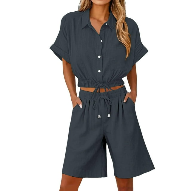 Vestidos Casuales Para Mujer, Blusas De Mujer De Moda Conjunto de blusa y pantalones cortos de lino para mujer, con solapa, manga corta y botones sueltos, para verano