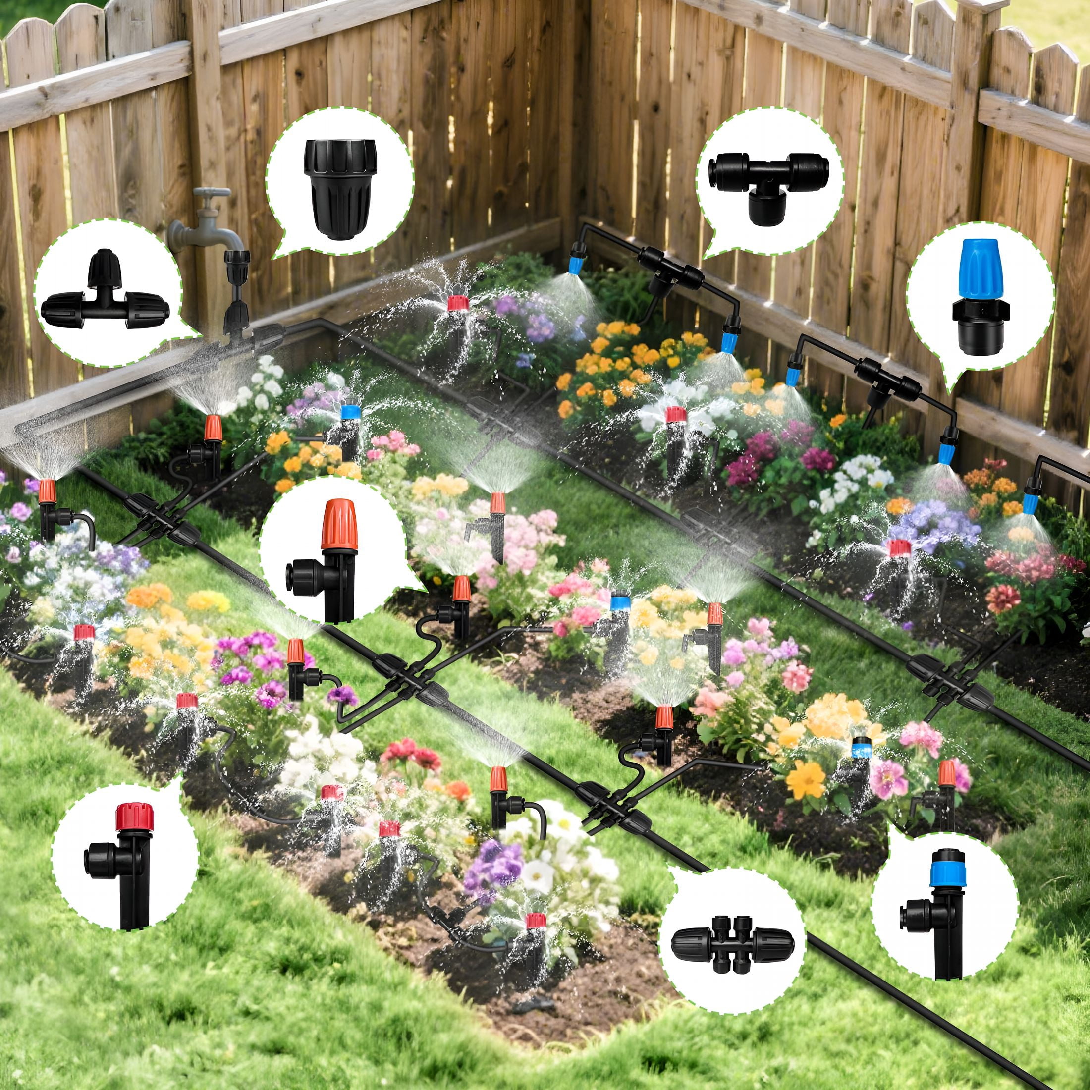 HIBIBUD Drip Irrigation System for Garden with 40 Nozzles&Emitters,Garden Watering System with Tube and Barbed Fittings-Adjustable Sprinklers Kit