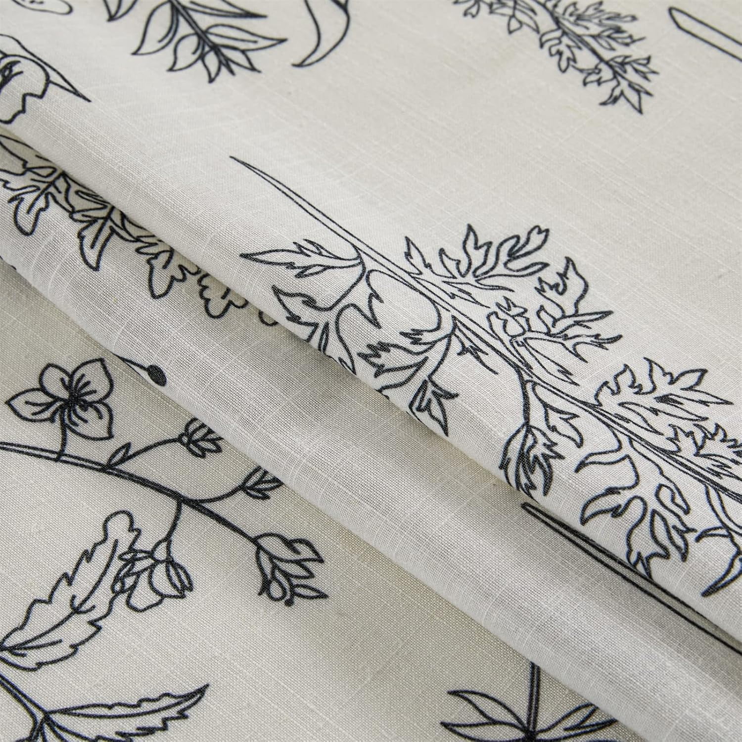 Vintage Botanical Linen Shower Curtain for Bathroom in Black and White, Heavy Duty 180GSM Textured Fabric Shower Curtain Set Cute Plant Leaves Design, Modern Farmhosue Boho Floral Bathroom Decor