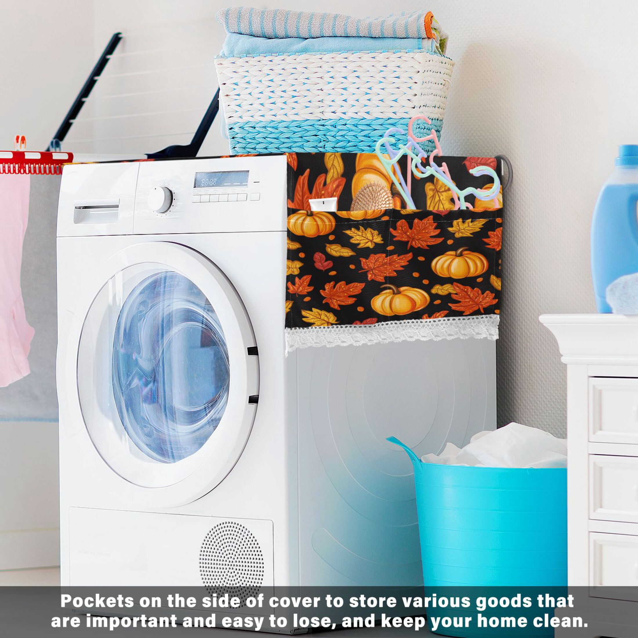 Pumpkin Leaf Fall AutumnWasher and Dryer Covers Dust-Proof and Oil Resistant Fridge Cover with 4 Storage Pockets Washing Machine Top Cover for Laundry Kitchen Home 51.2 x 22 In