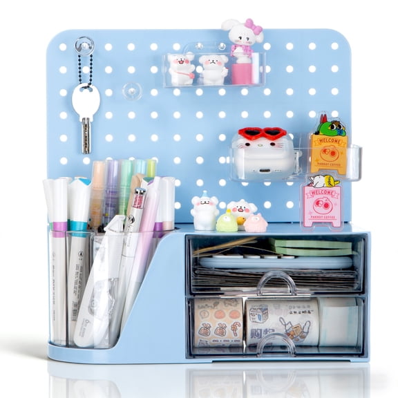 Vivin Desk Organizer, Small 2 Drawer Unit and Pen Holders, Multi-Purpose Pegboard organizer For Home Office, Blue