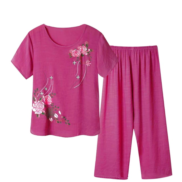 Pantalones de Mujer Traje de Verano Impreso de Manga Corta Cuello Redondo Top & Shorts Set, Delgado Y Casual de las Mujeres Pantalones Casuales