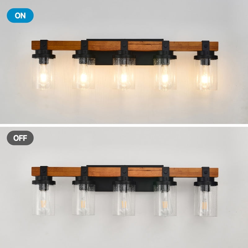 TICOZE 5-Light Matte Black and Wood Wall Lamps with Glass Lamp Shades Vanity Lighting Fixtures for Bathroom Kitchen Dining Room (Bulbs Not Included)