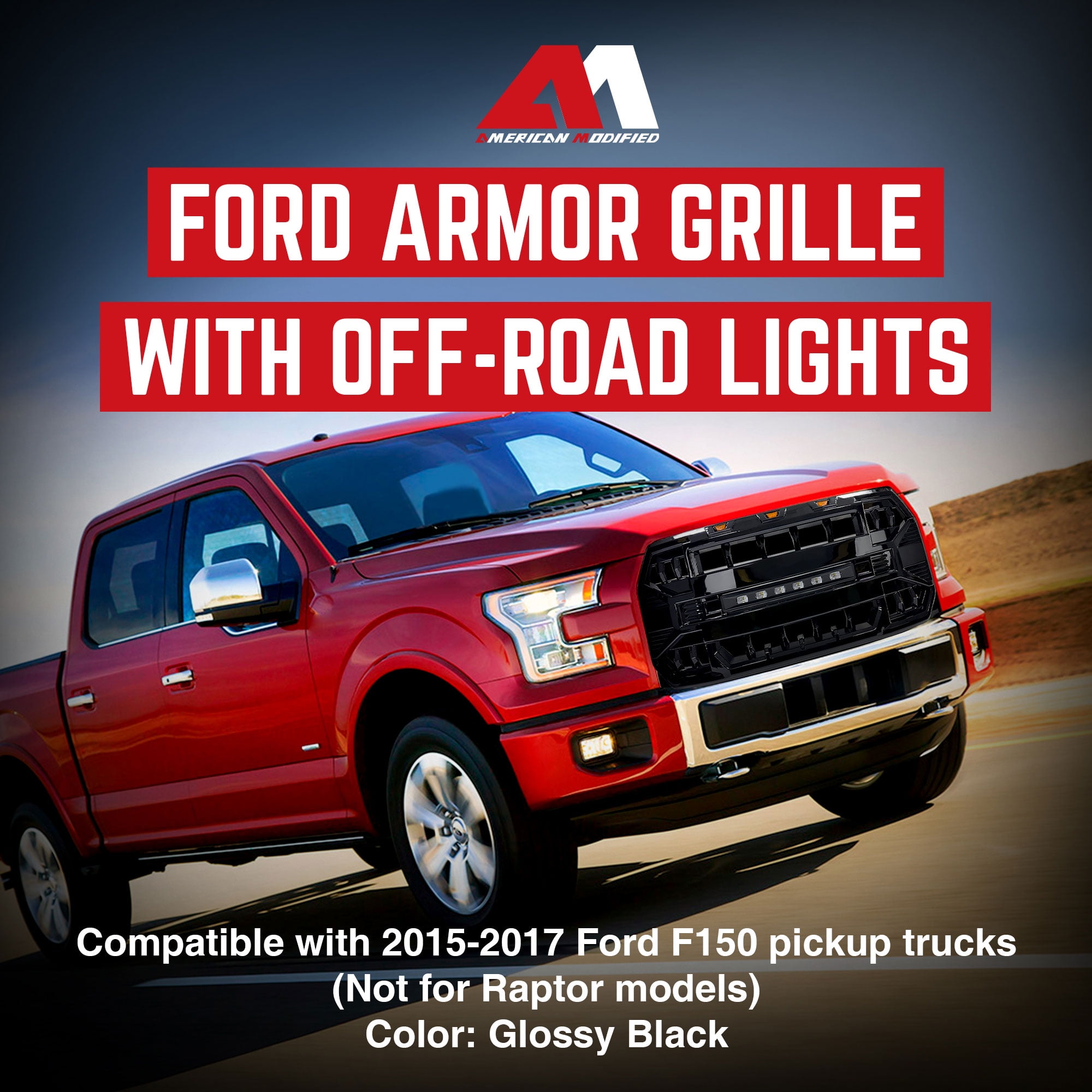 AMERICAN MODIFIED Armor Front Grille for 2015-2017 Ford F150, Glossy Black