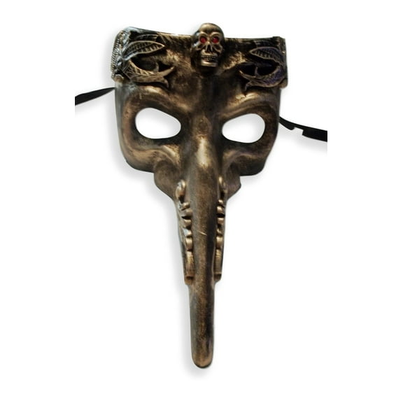 Gold Skull Red Eyes Long Nose Masquerade Mardi Gras Men's Mask