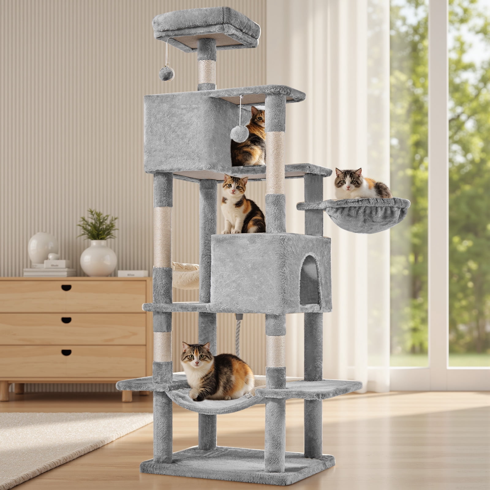 SHOUFTW 66in Cat Tree, Space-Saving Indoor Cat Tower with Large Top Perch and Hammock for Multi-Cat Households, Light Gray