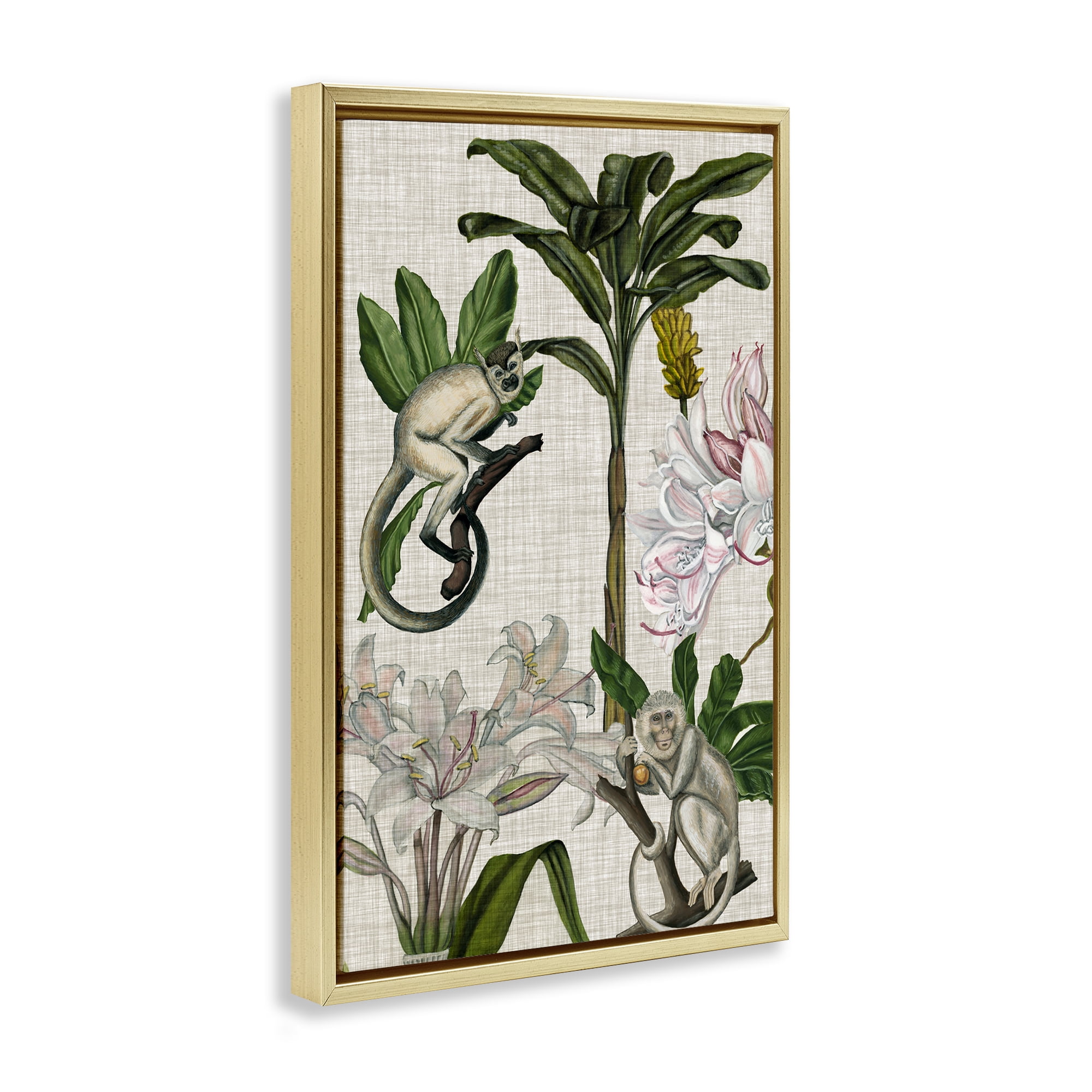 Stupell Industries Vintage Monkey & Plants Plants & Flowers Painting Gold Floater Framed Canvas Art Print Wall Art, 21 x 31