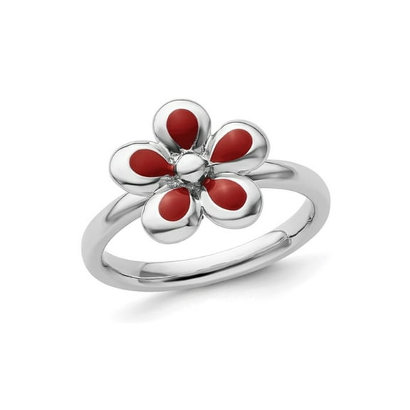 Gem & Harmony Sterling Silver Flower Ring with Red Enamel for Women