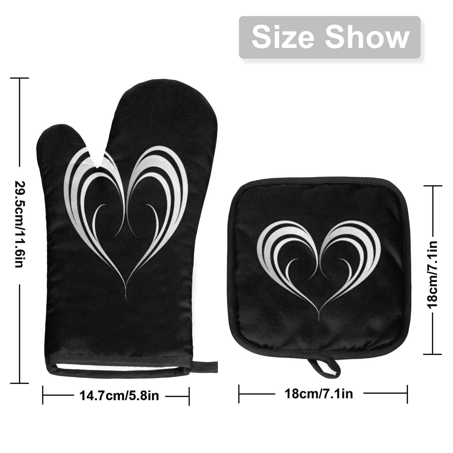 CURLYOOT Black And White Heart Oven Mitts and Pot Holders Sets of 2, Non-Slip Washable Hot Pads and Oven Gloves for Kitchen Cooking Baking