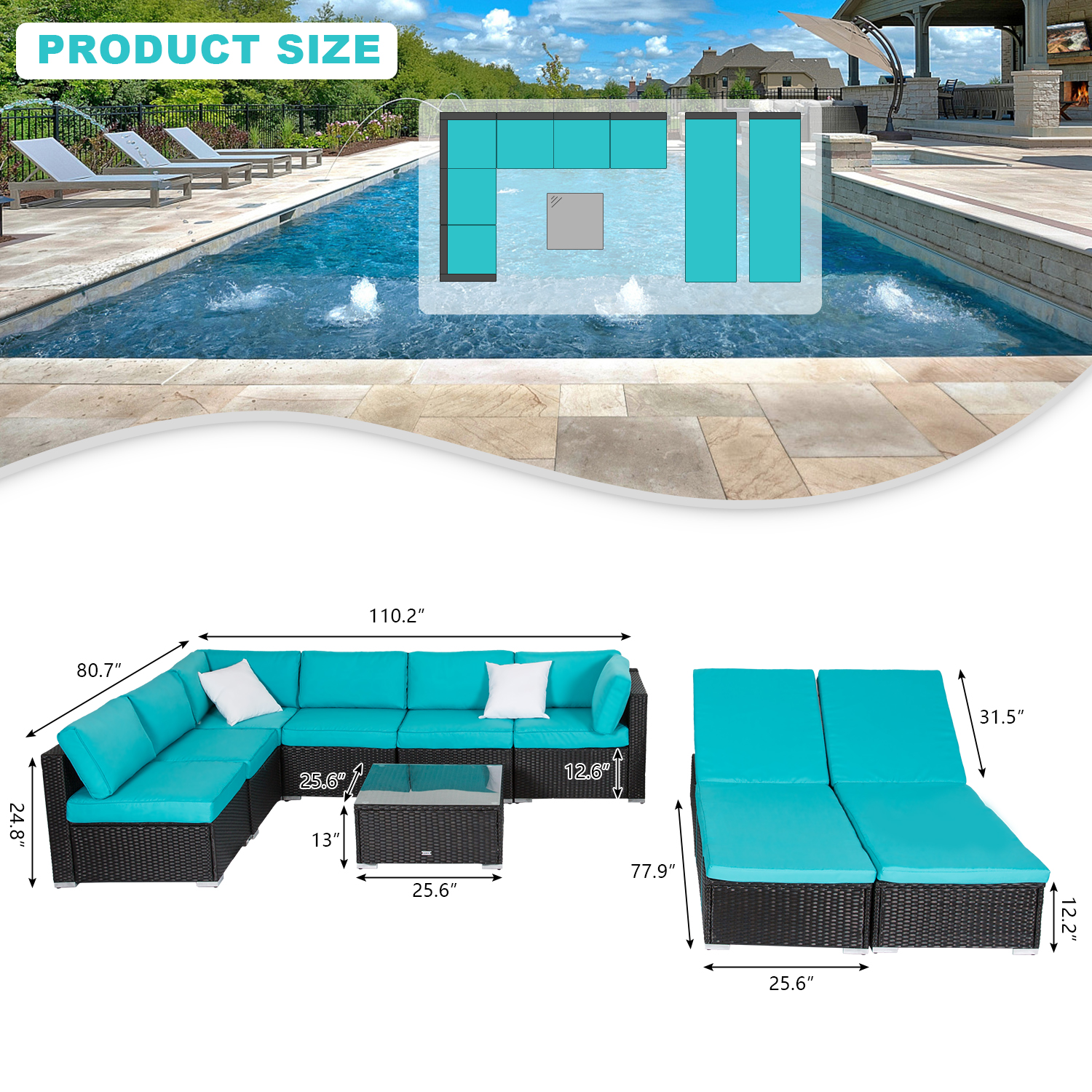 Kinbor 9pcs Outdoor Patio Furniture Sectional Pe Rattan Wicker Rattan Sofa Set with Chaise Lounge Chair, Turquoise - image 4 of 9