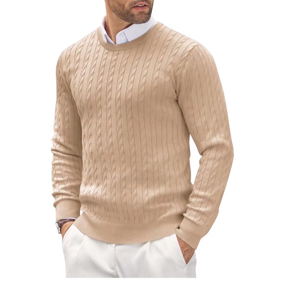 Men's Cable Knit Crew Neck Sweater Long Sleeve Classic Pullover Casual Top