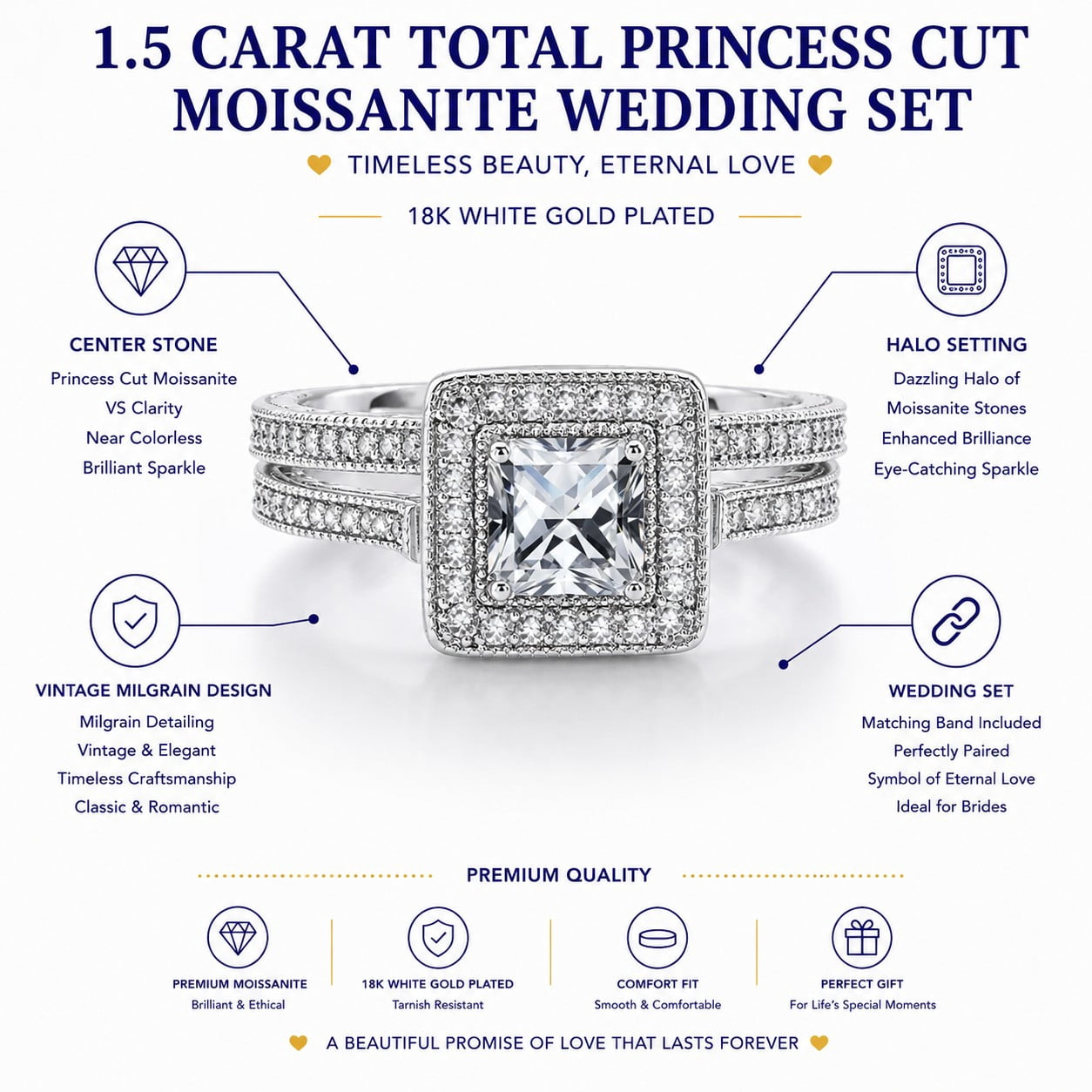 JeenMata 1.5 Carat Princess Cut Moissanite Wedding Set - Bridal Set - Milgrain Ring - Vintage Ring - Halo Ring - 18K White Gold Plating for Women
