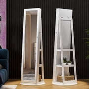 Lvifur 360° Swivel LED Jewelry Cabinet,Full Length Mirror Large Capacity Jewelry Armoire Organizer with 6 LED Lights, Lockable Floor Standing Mirror With Back Rear Storage, White