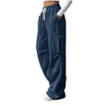 thumbnail image 4 of WIZUTIZ Women's Solid Color Wide Leg Jogger Pants High Rise Elastic Drawstring Waist Side Pockets Long Length Casual Trousers Comfy Soft Stretchy Everyday, 4 of 8