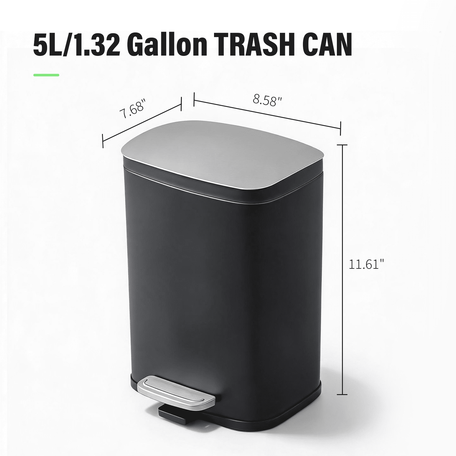 Simplykleen 5L/1.32 Gallon Rectangular Step Trash Can Stainless Steel Garbage Can with Removable Inner Bucket and Side Handle for Bathroom, Bedroom, Office, Black