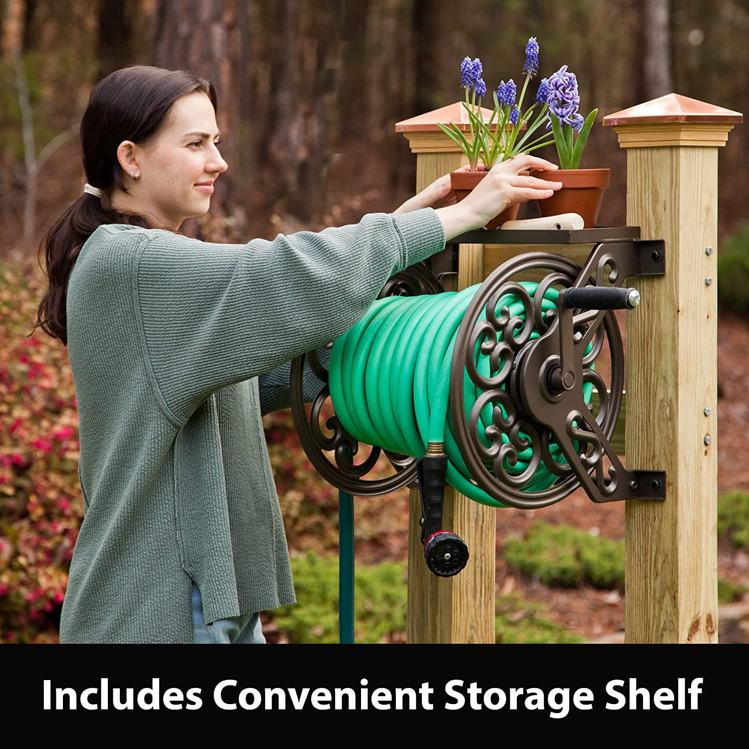 Liberty Garden 708 Steel Wall Mount Garden Hose Reel, Holds 125ft 5/8" Hose, Decorative Bronze Finish