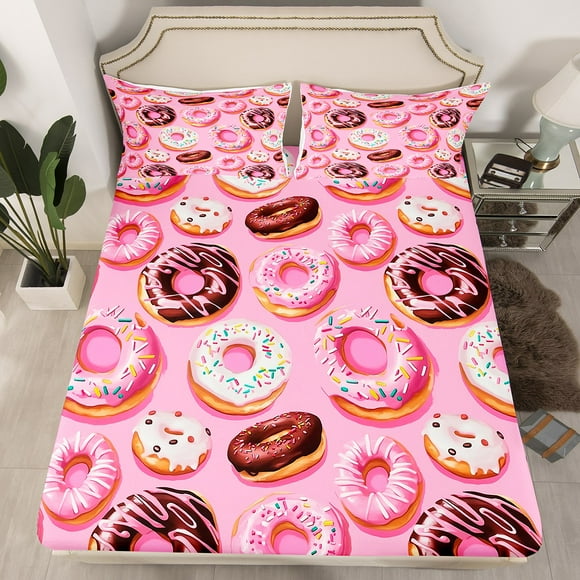 Erosebridal Cartoon Doughnut Fitted Sheet Set Twin, Dessert Donut Bedding Twin Size for Kids Girls, Pink, 2pcs (No Top Sheet)