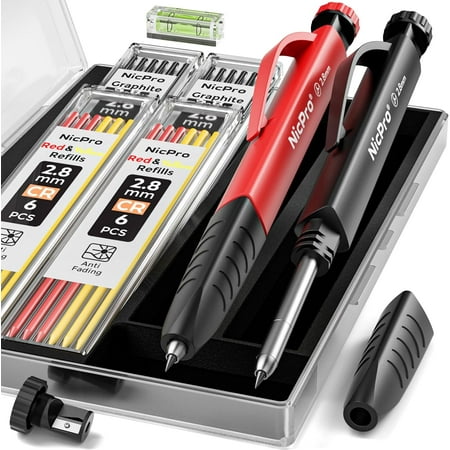 Nicpro 2 Pack Carpenter Pencil Set with Sharpener & Finger Grip, Solid Mechanical Pencils with 26 Refills (Red, Black, Yellow), Deep Hole Marker Construction Heavy Duty Woodworking Pencils - With Case