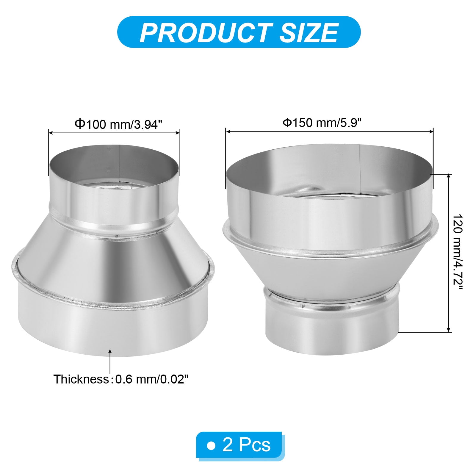 Uxcell 2 Pcs 4" to 6" Galvanized Steel Round Duct Reducer Adapter Connector,Silver Tone