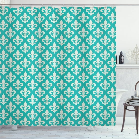 Fleur de Lis Shower Curtain, Classic Fleur de Lis Motif with Victorian Rococo Style Artsy Effects, Fabric Bathroom Set with Hooks, 69W X 84L Inches Extra Long, Turquoise and Beige, by Ambesonne