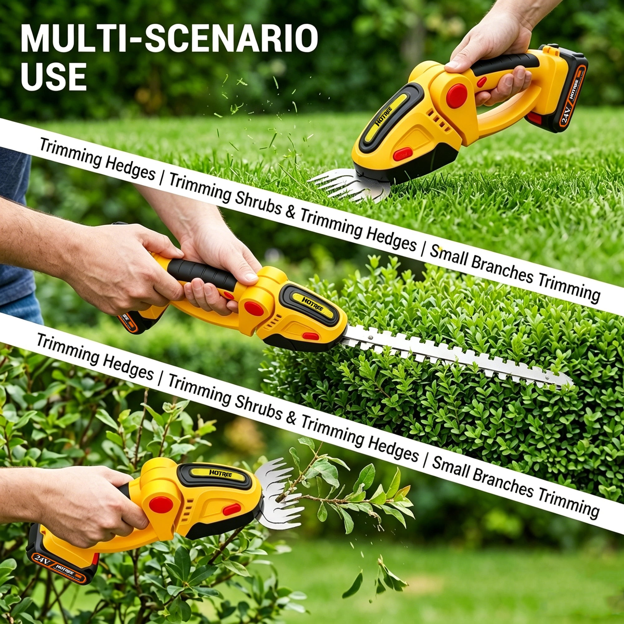HOTREE Cordless Hedge Trimmer & Grass Shears, 90° Adjustable Head, 25,000 RPM, 2.4 lb, Up to 60 min Runtime