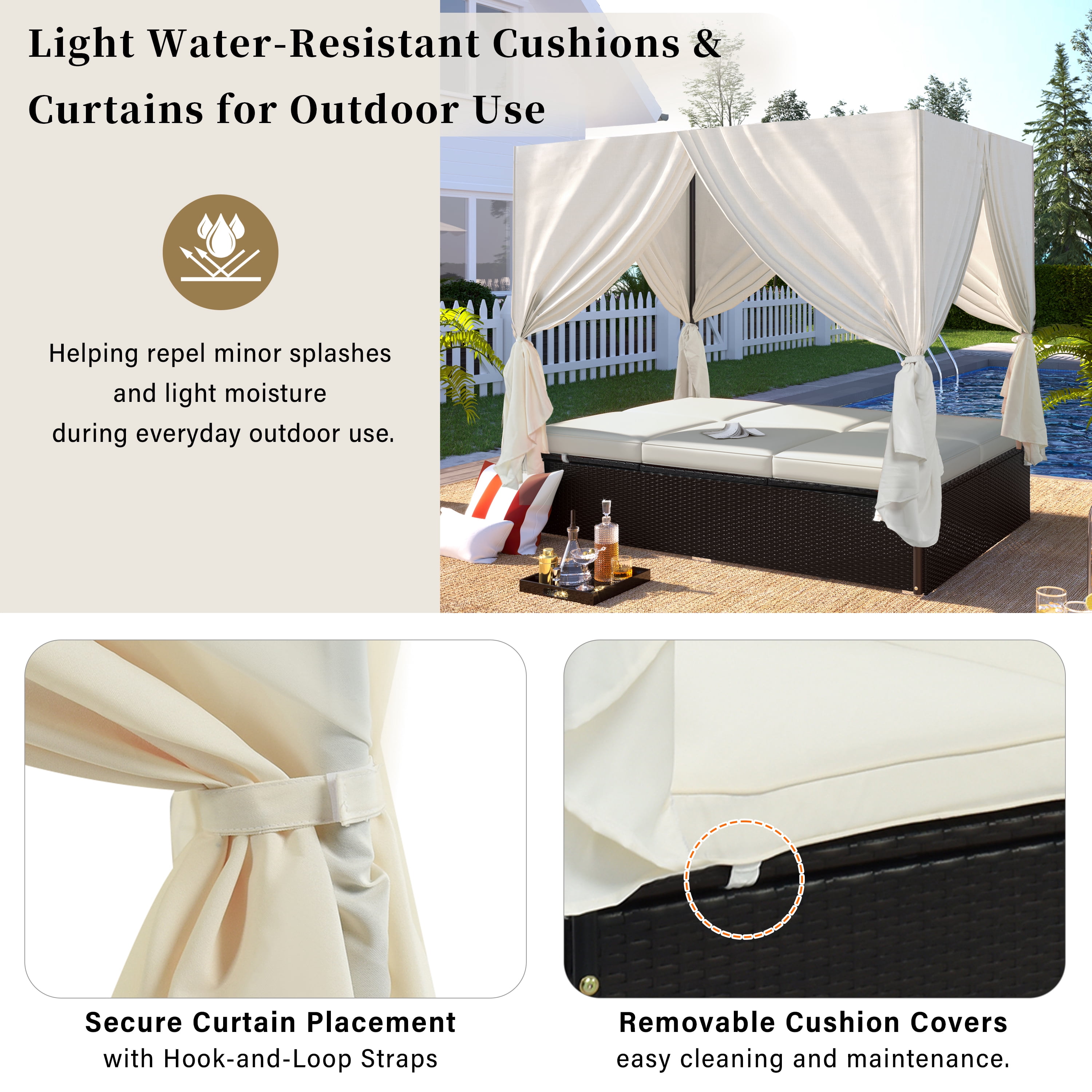 YIORTWO Outdoor Double Chaise Lounge Daybed with Curtains, Adjustable Backrest & Footrest, Steel Frame Loveseat Sofa for Backyard Poolside, Beige
